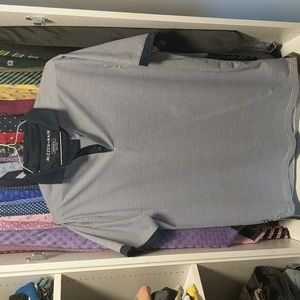 Mizzen and Main medium trim short sleeve shirt, navy blue horizontal thin stripe